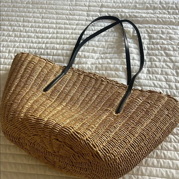 J. Crew Tan Woven Tote Bag with Black Straps - Picture 3 of 4